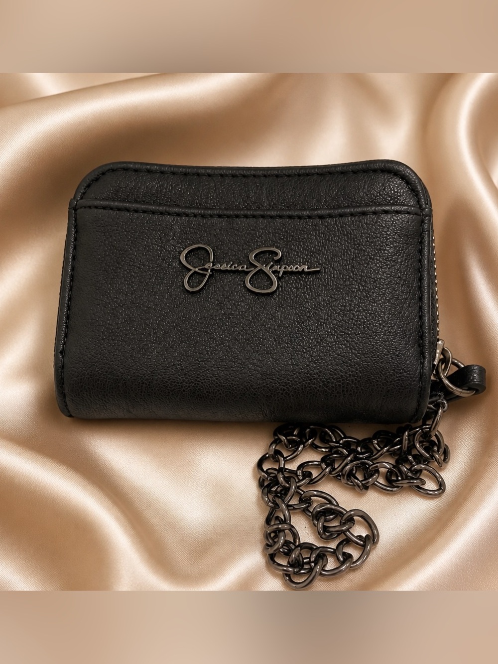 💥 Jessica Simpson Black Faux Leather Wristlet Clutch Wallet Chain Strap Like New